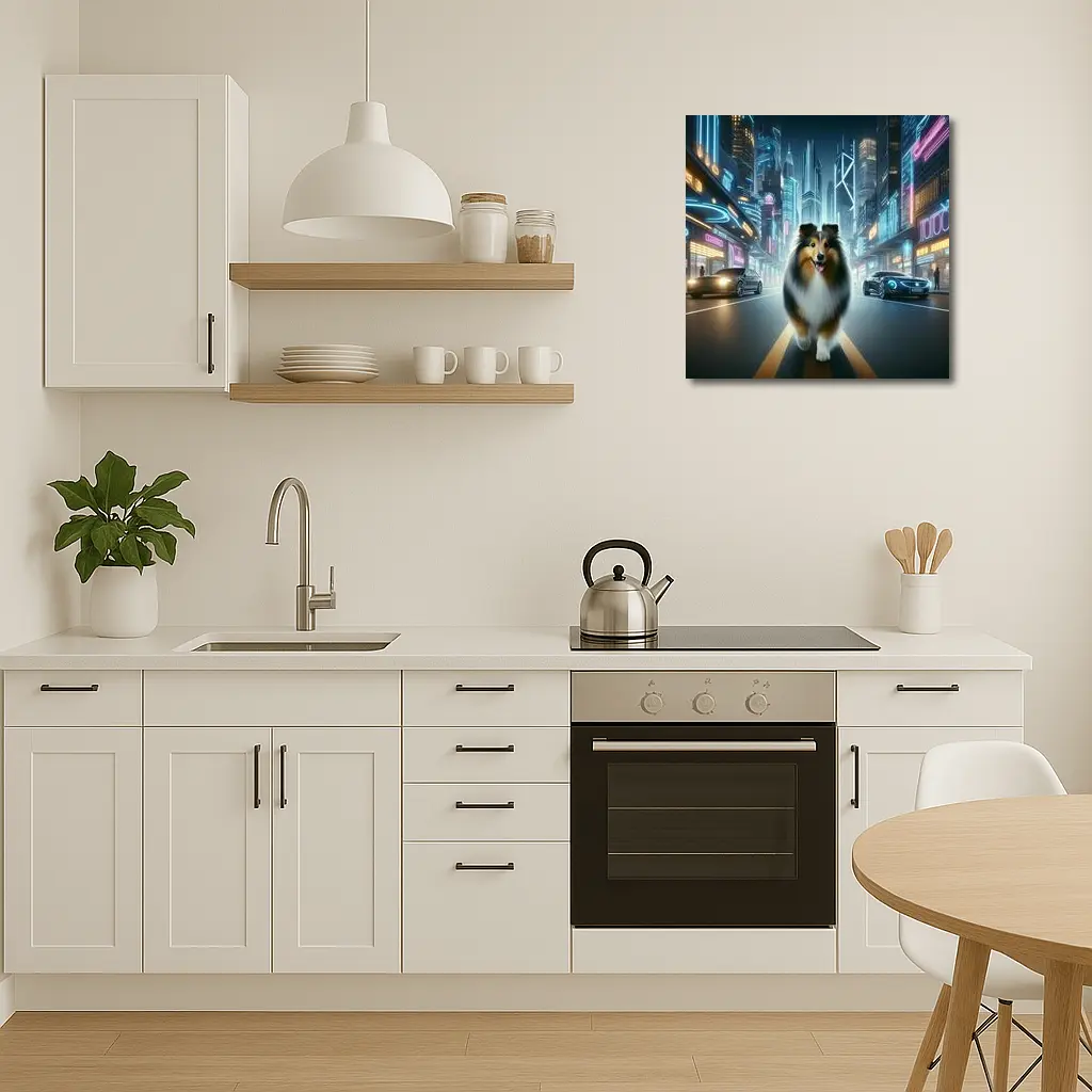 Shetland Sheepdog Walking Neon Cyberpunk City Street – Wall Art