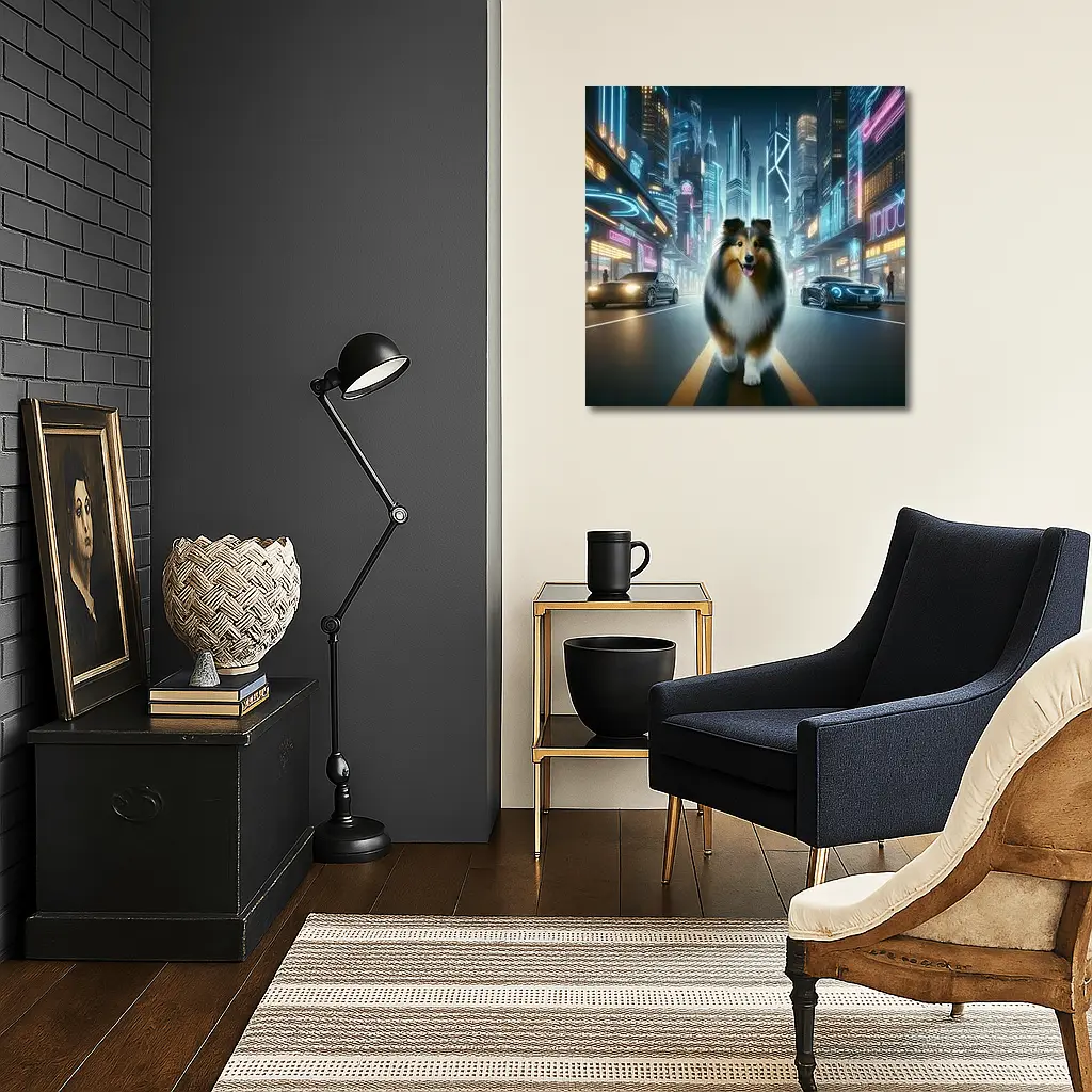 Shetland Sheepdog Walking Neon Cyberpunk City Street – Wall Art
