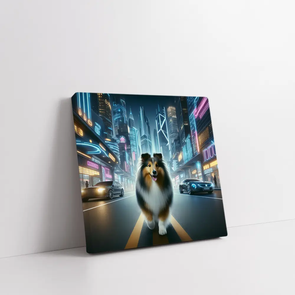 Shetland Sheepdog Walking Neon Cyberpunk City Street – Wall Art
