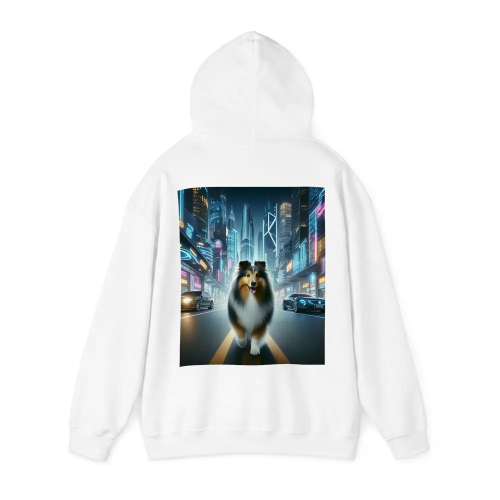 Shetland Sheepdog Walking Neon Cyberpunk City Street – Hoodies