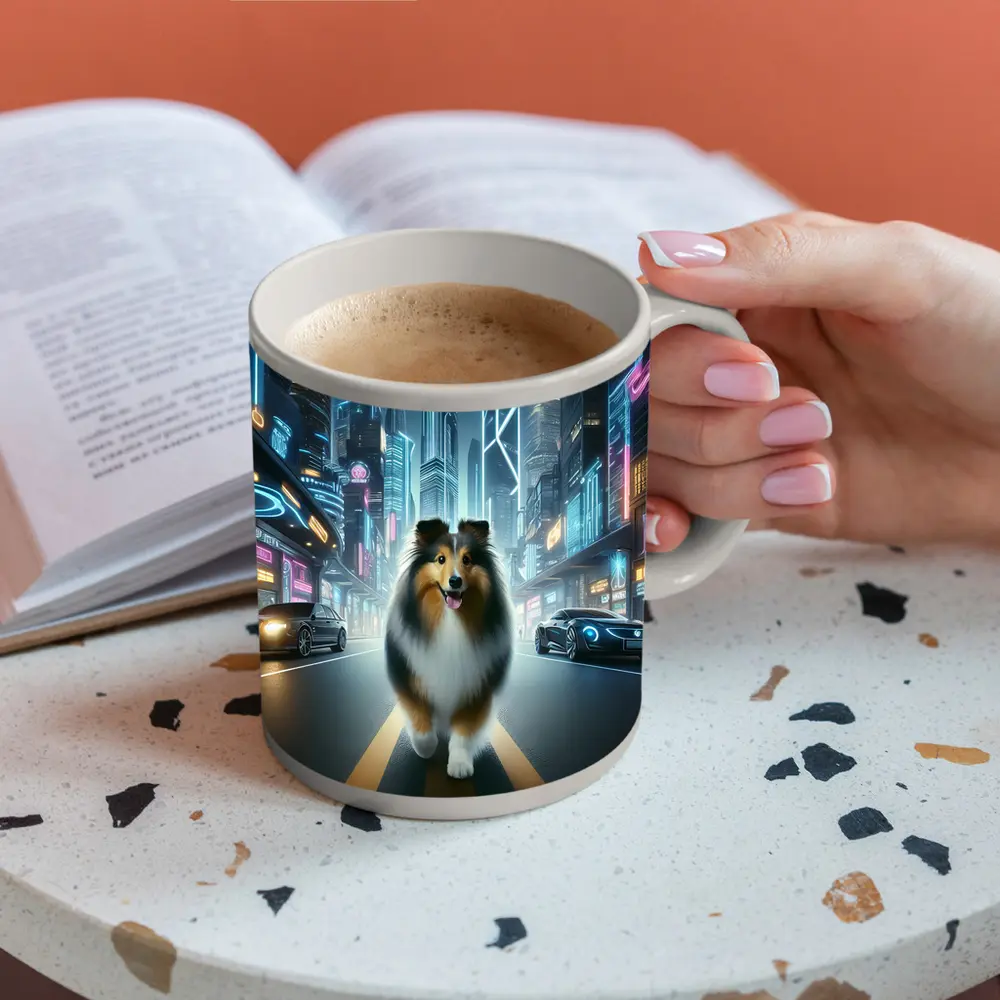 Shetland Sheepdog Walking Neon Cyberpunk City Street – Mugs