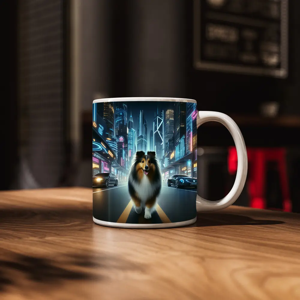 Shetland Sheepdog Walking Neon Cyberpunk City Street – Mugs