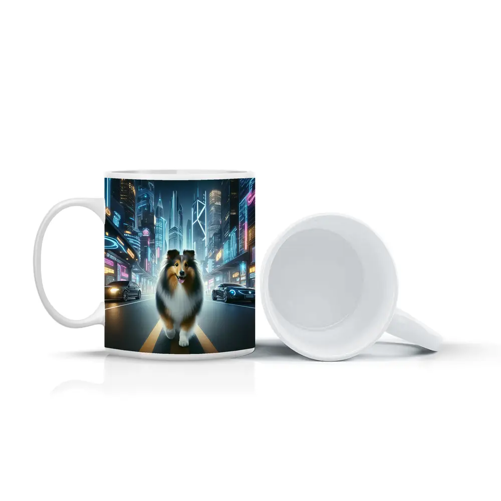 Shetland Sheepdog Walking Neon Cyberpunk City Street – Mugs