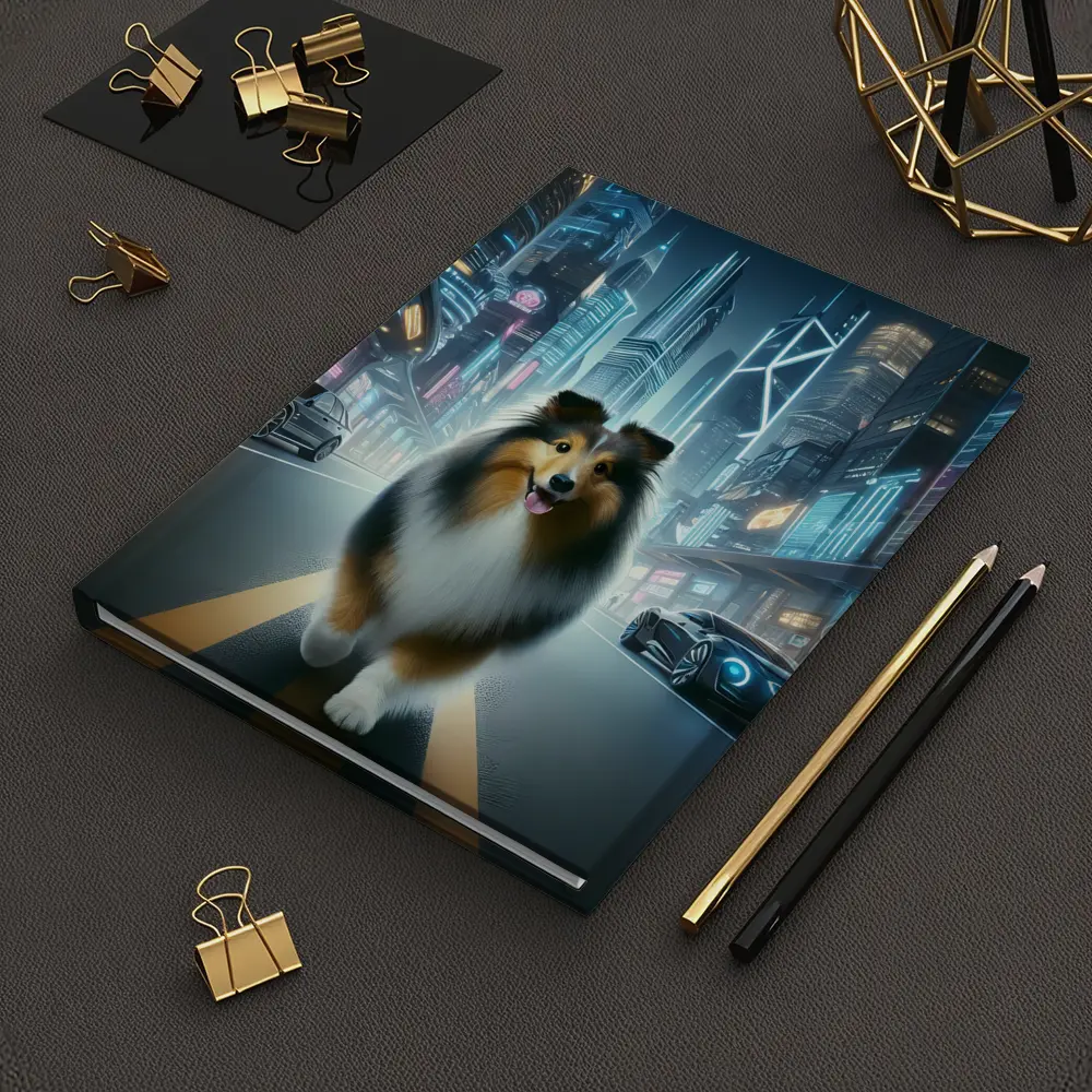 Shetland Sheepdog Walking Neon Cyberpunk City Street – Notebooks