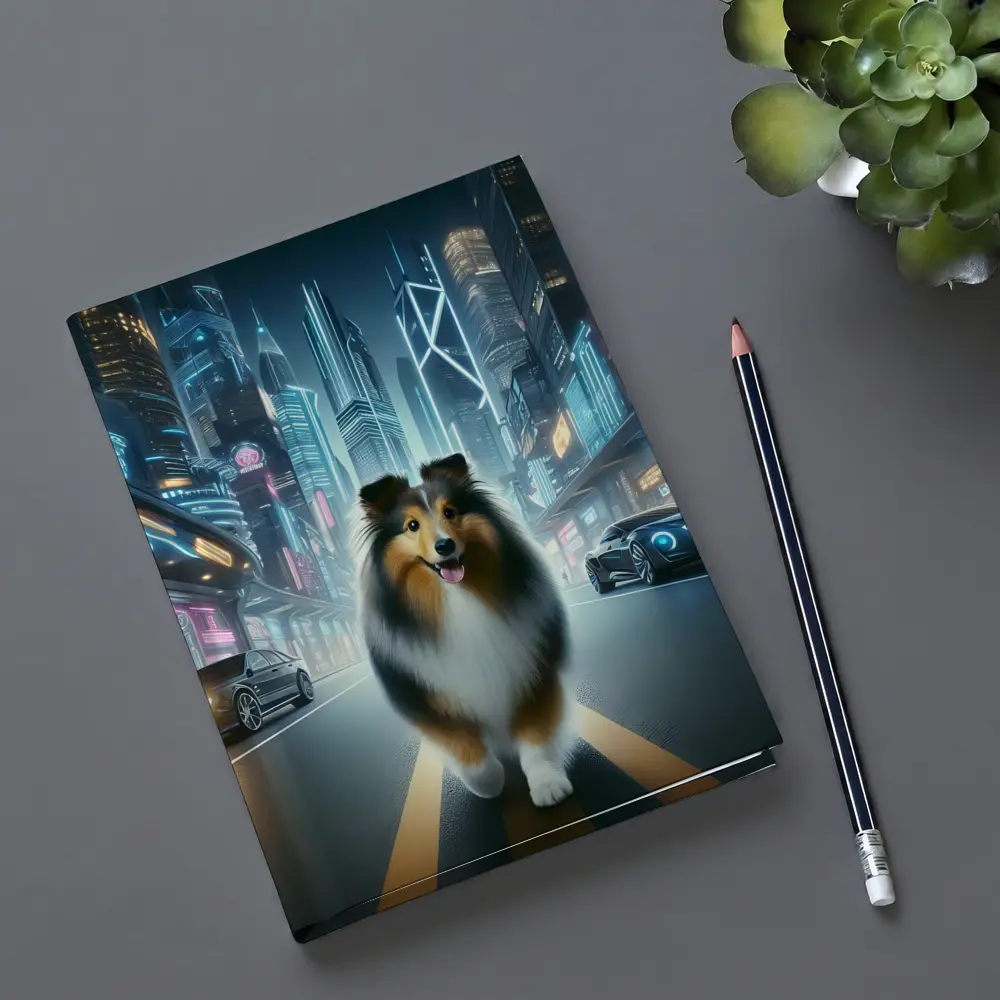 Shetland Sheepdog Walking Neon Cyberpunk City Street – Notebooks