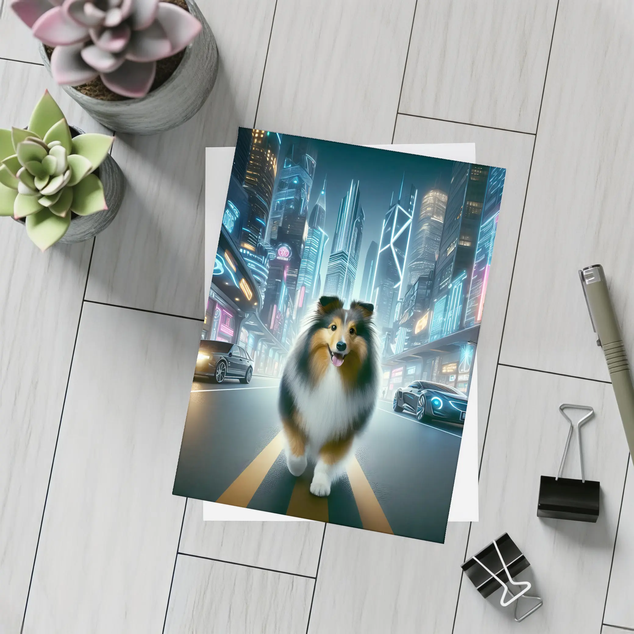 Shetland Sheepdog Walking Neon Cyberpunk City Street – Postcards