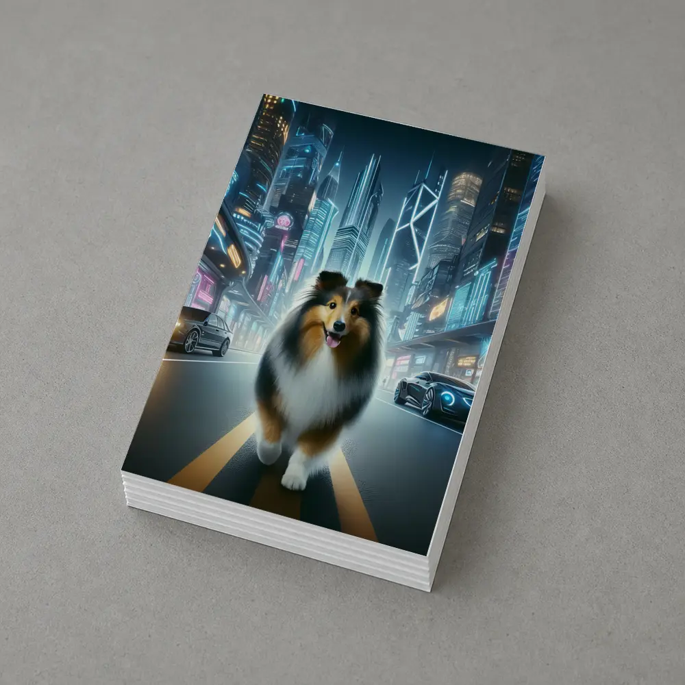 Shetland Sheepdog Walking Neon Cyberpunk City Street – Postcards