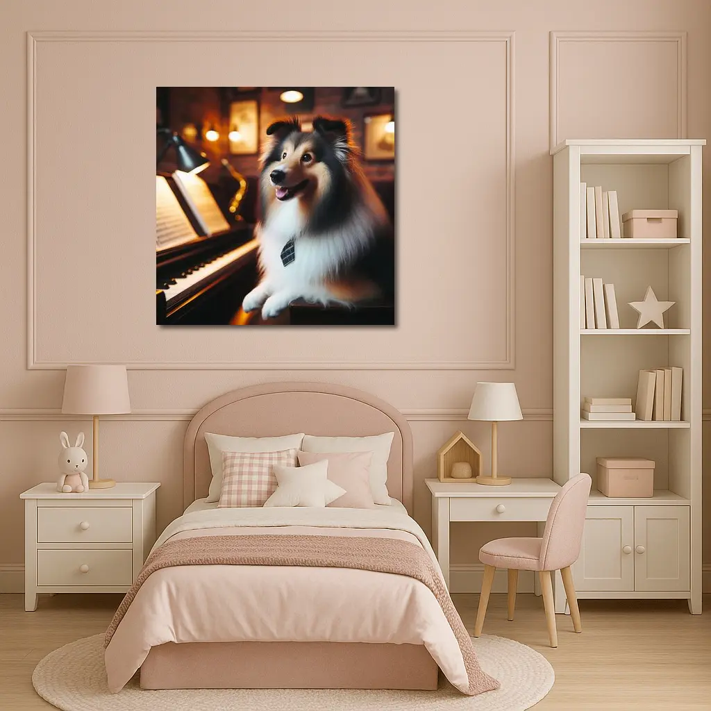 Shetland Sheepdog Playing Piano Cozy Room – Wall Art