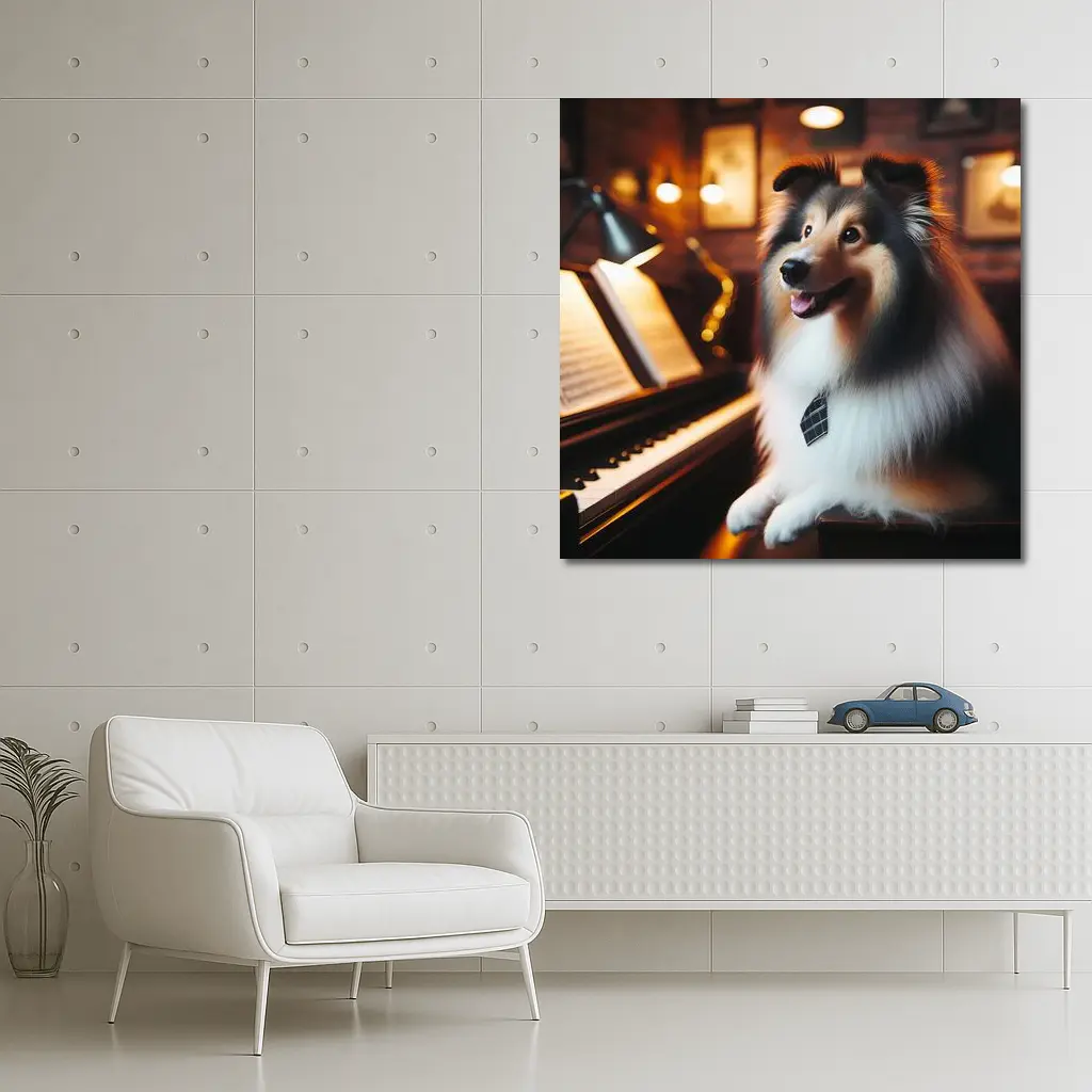 Shetland Sheepdog Playing Piano Cozy Room – Wall Art