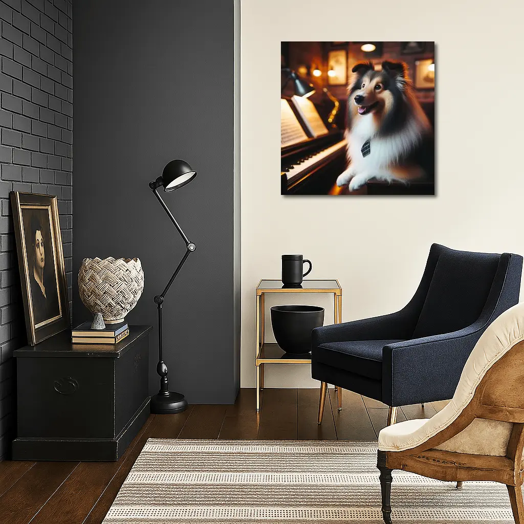 Shetland Sheepdog Playing Piano Cozy Room – Wall Art