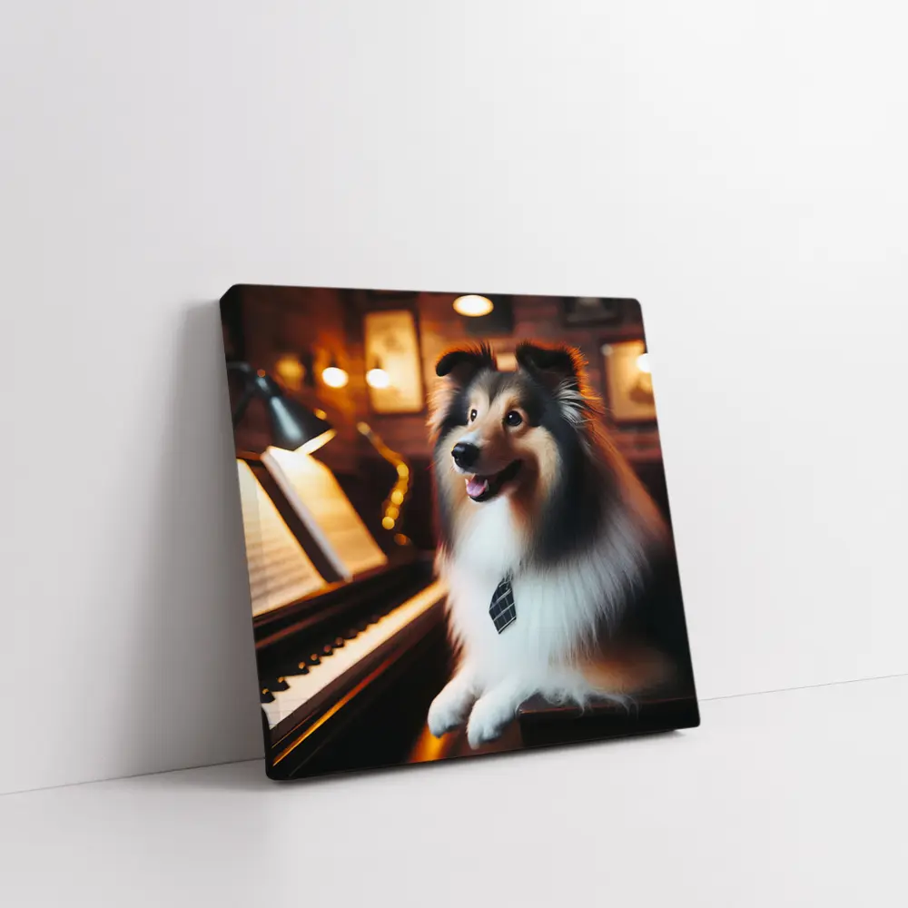 Shetland Sheepdog Playing Piano Cozy Room – Wall Art