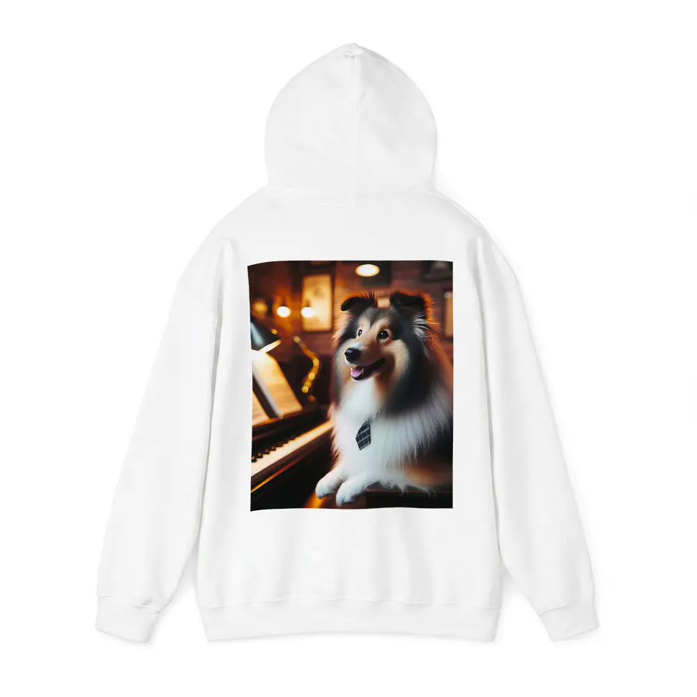 Shetland Sheepdog Playing Piano Cozy Room – Hoodies