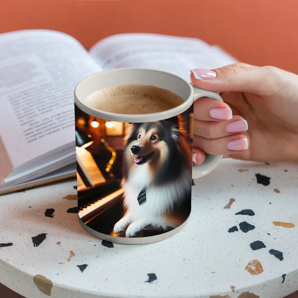 Shetland Sheepdog Playing Piano Cozy Room – Mugs