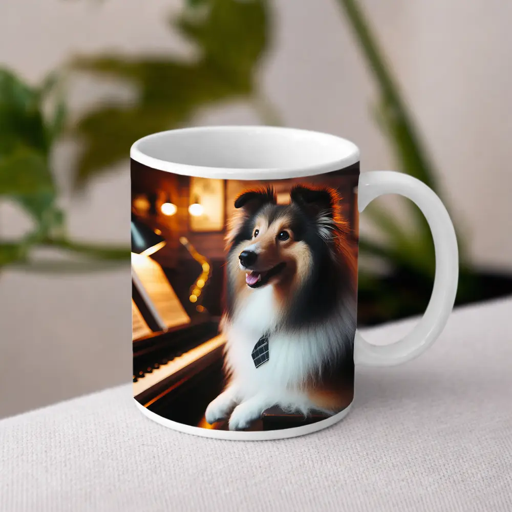 Shetland Sheepdog Playing Piano Cozy Room – Mugs