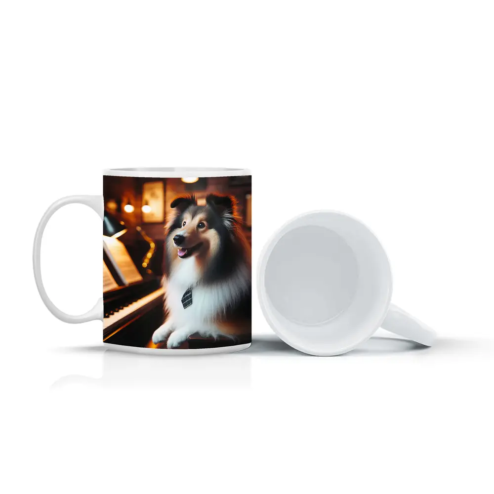 Shetland Sheepdog Playing Piano Cozy Room – Mugs