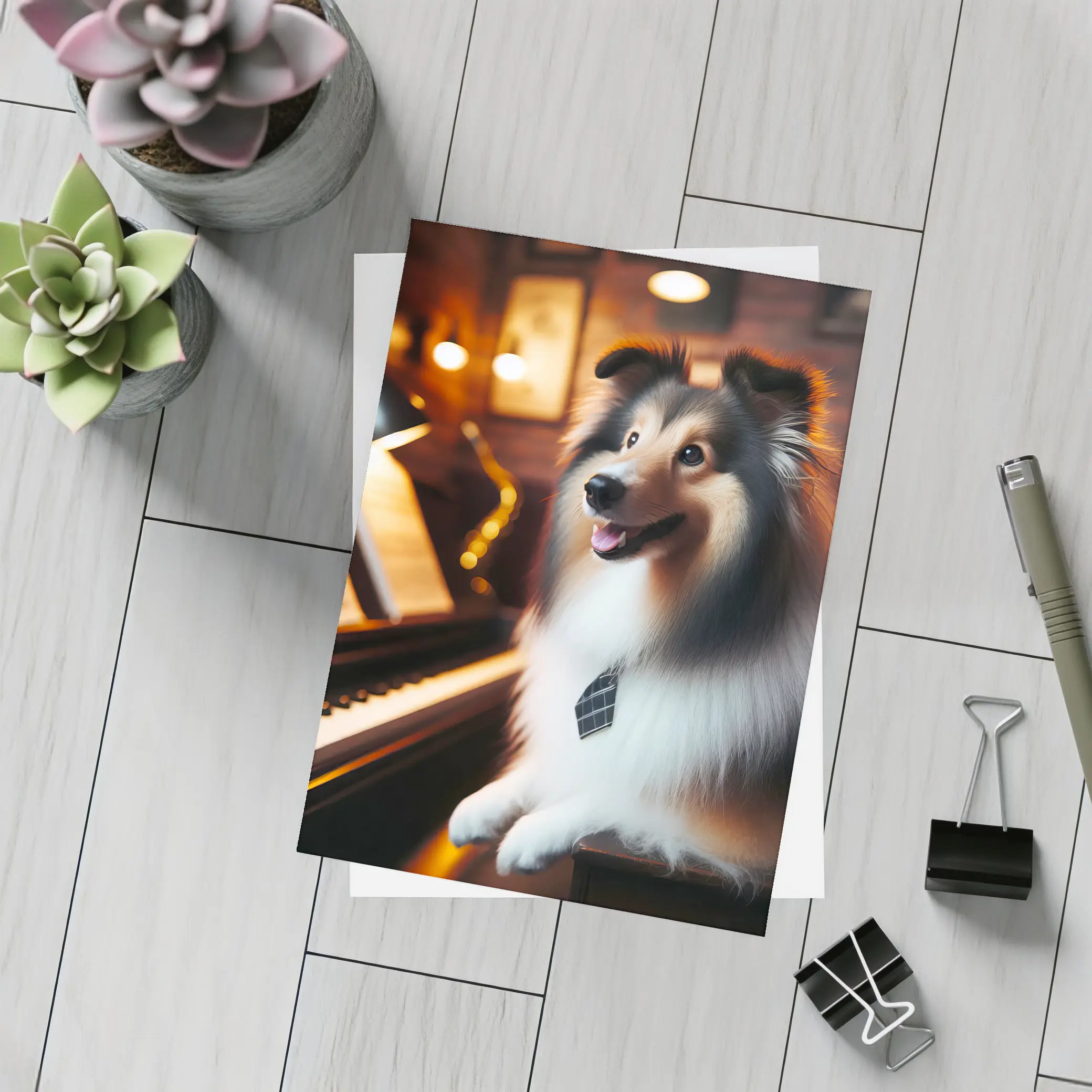 Shetland Sheepdog Playing Piano Cozy Room – Postcards