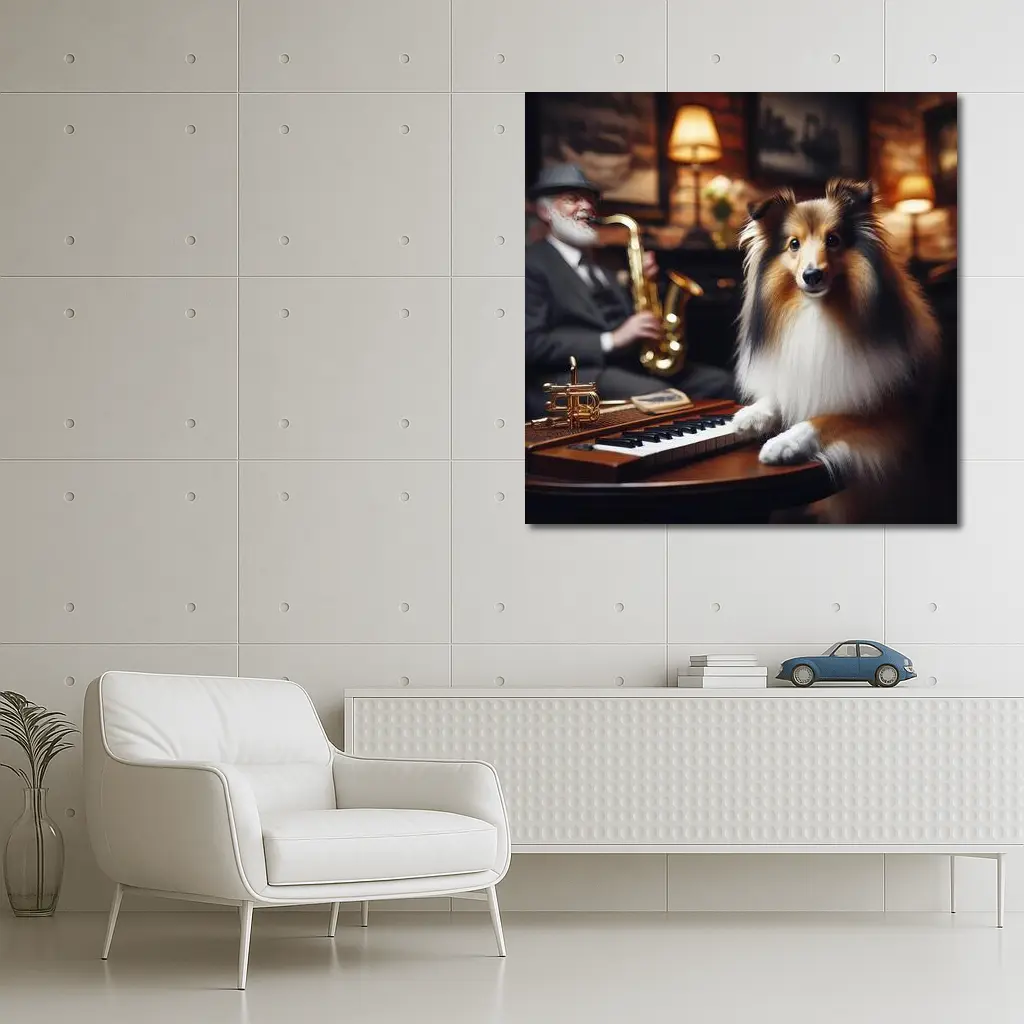Shetland Sheepdog Jazz Lounge Saxophone Music – Wall Art
