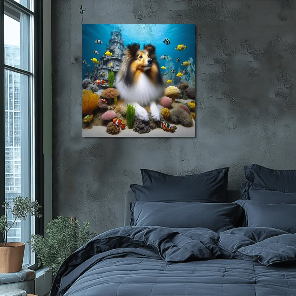 Shetland Sheepdog Underwater Ocean Coral Scene – Wall Art