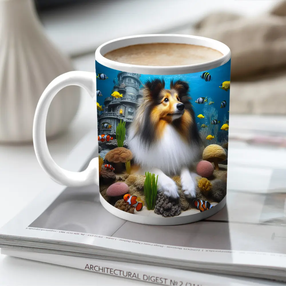 Shetland Sheepdog Underwater Ocean Coral Scene – Mugs