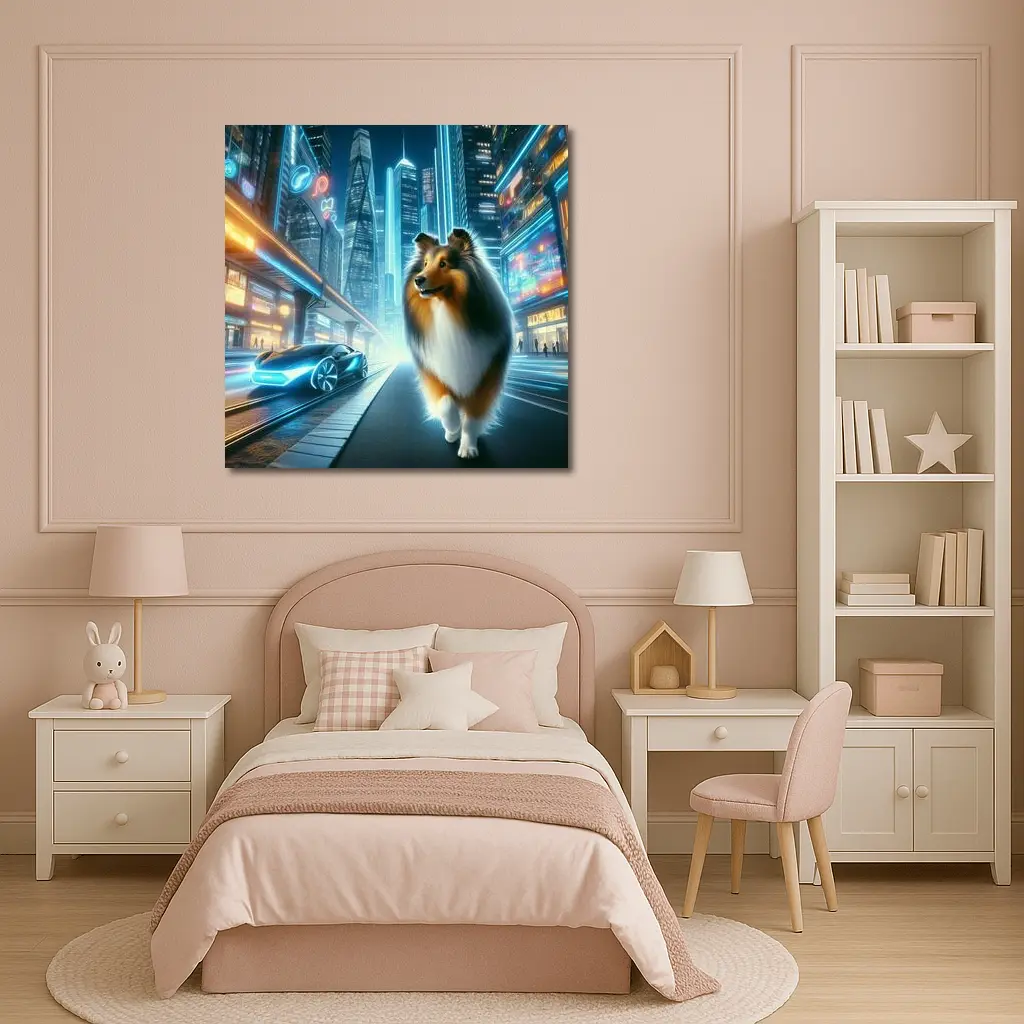 Shetland Sheepdog Walking Neon Futuristic City Night – Wall Art