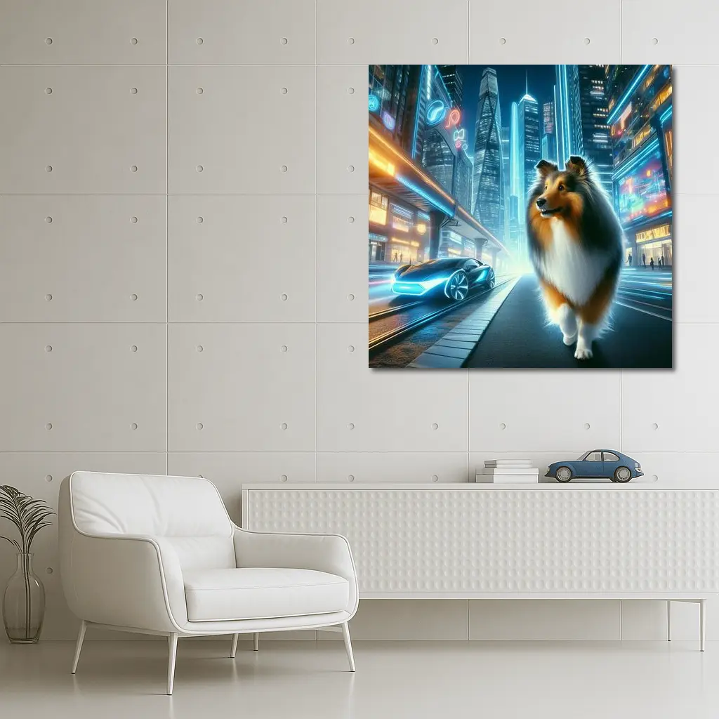 Shetland Sheepdog Walking Neon Futuristic City Night – Wall Art