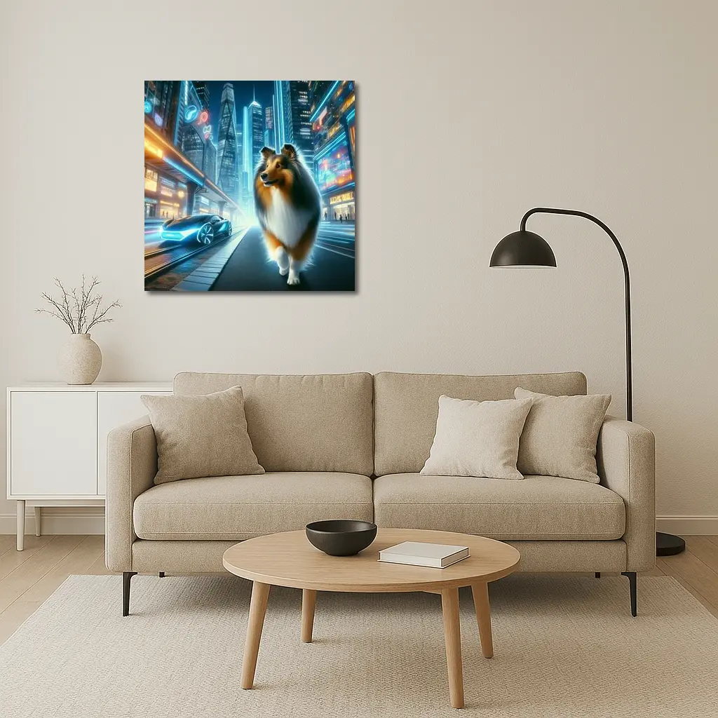 Shetland Sheepdog Walking Neon Futuristic City Night – Wall Art