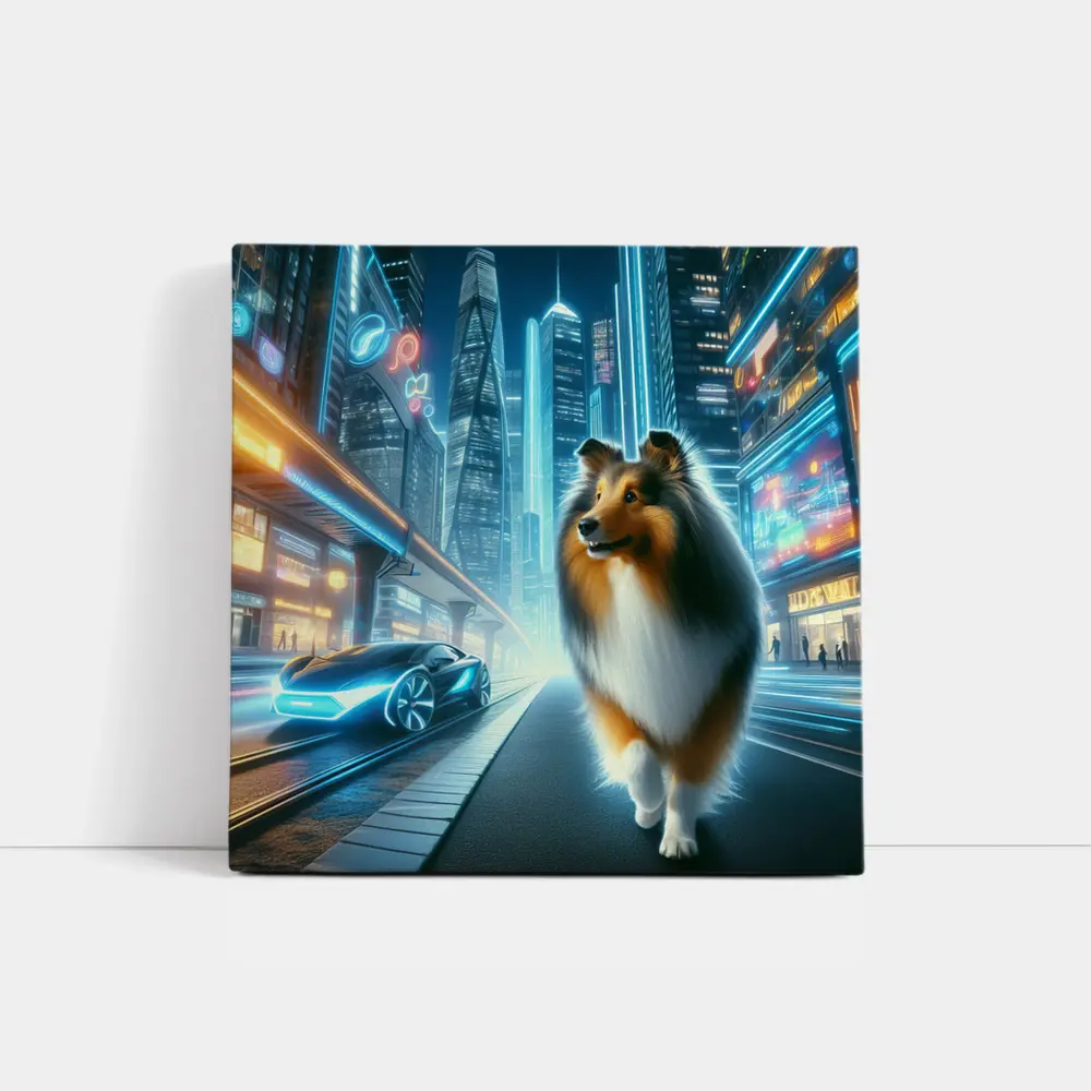 Shetland Sheepdog Walking Neon Futuristic City Night – Wall Art