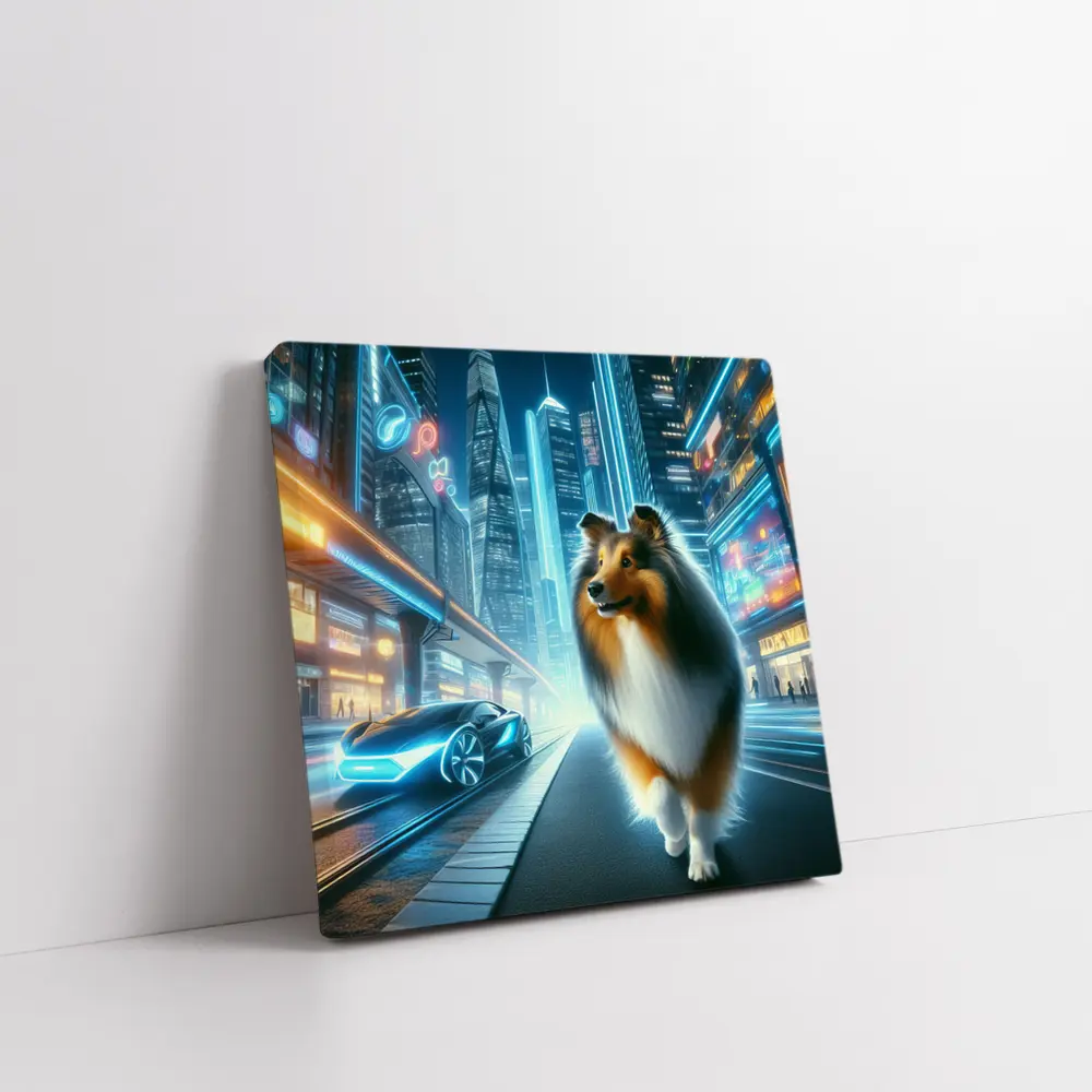 Shetland Sheepdog Walking Neon Futuristic City Night – Wall Art