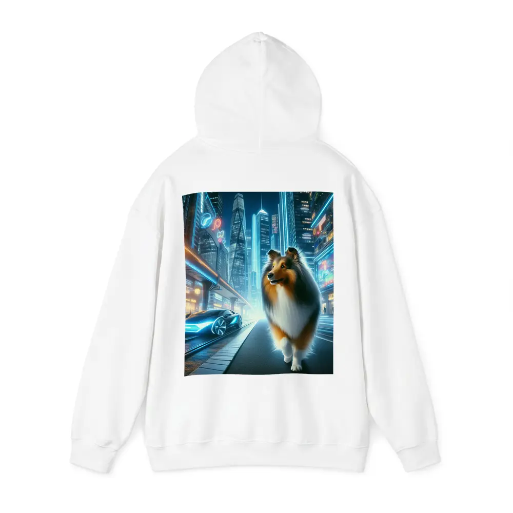Shetland Sheepdog Walking Neon Futuristic City Night – Hoodies