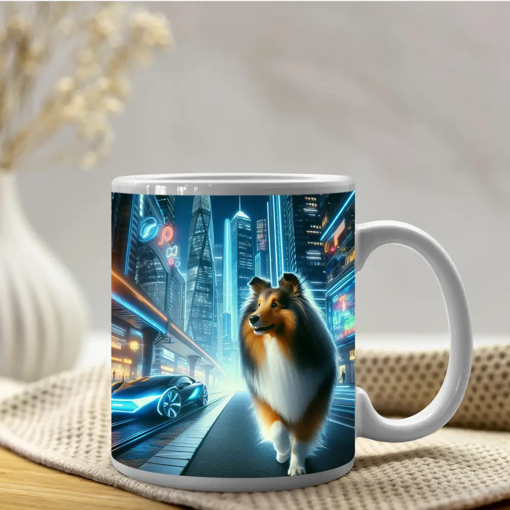 Shetland Sheepdog Walking Neon Futuristic City Night – Mugs