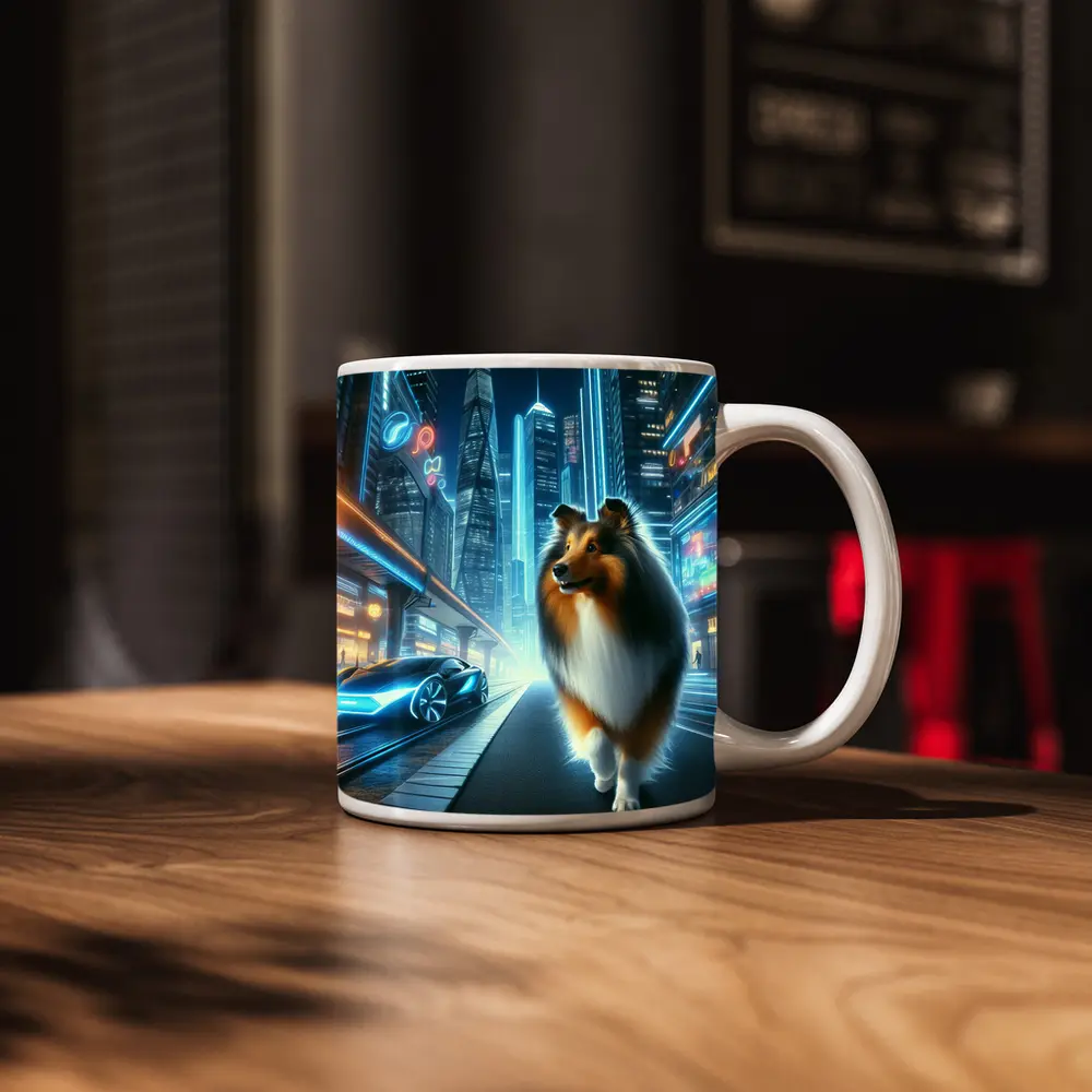 Shetland Sheepdog Walking Neon Futuristic City Night – Mugs