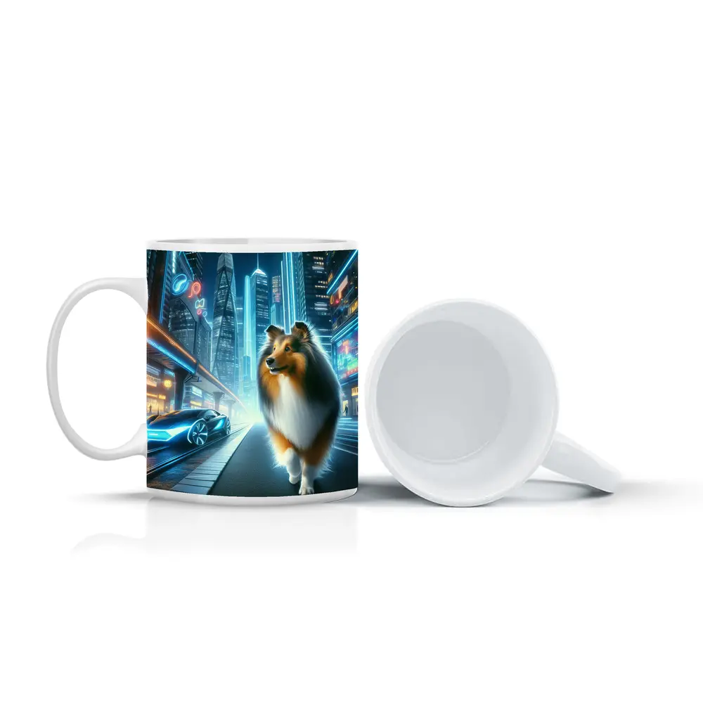 Shetland Sheepdog Walking Neon Futuristic City Night – Mugs