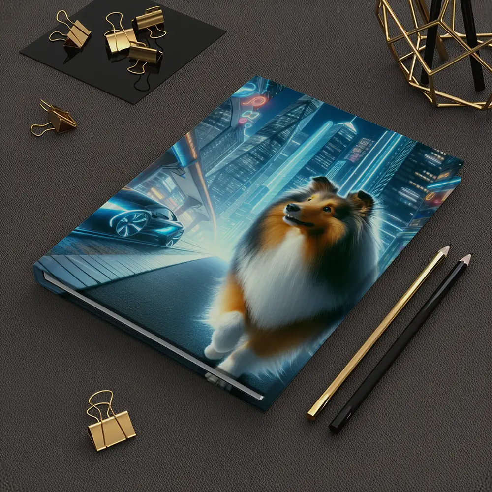 Shetland Sheepdog Walking Neon Futuristic City Night – Notebooks