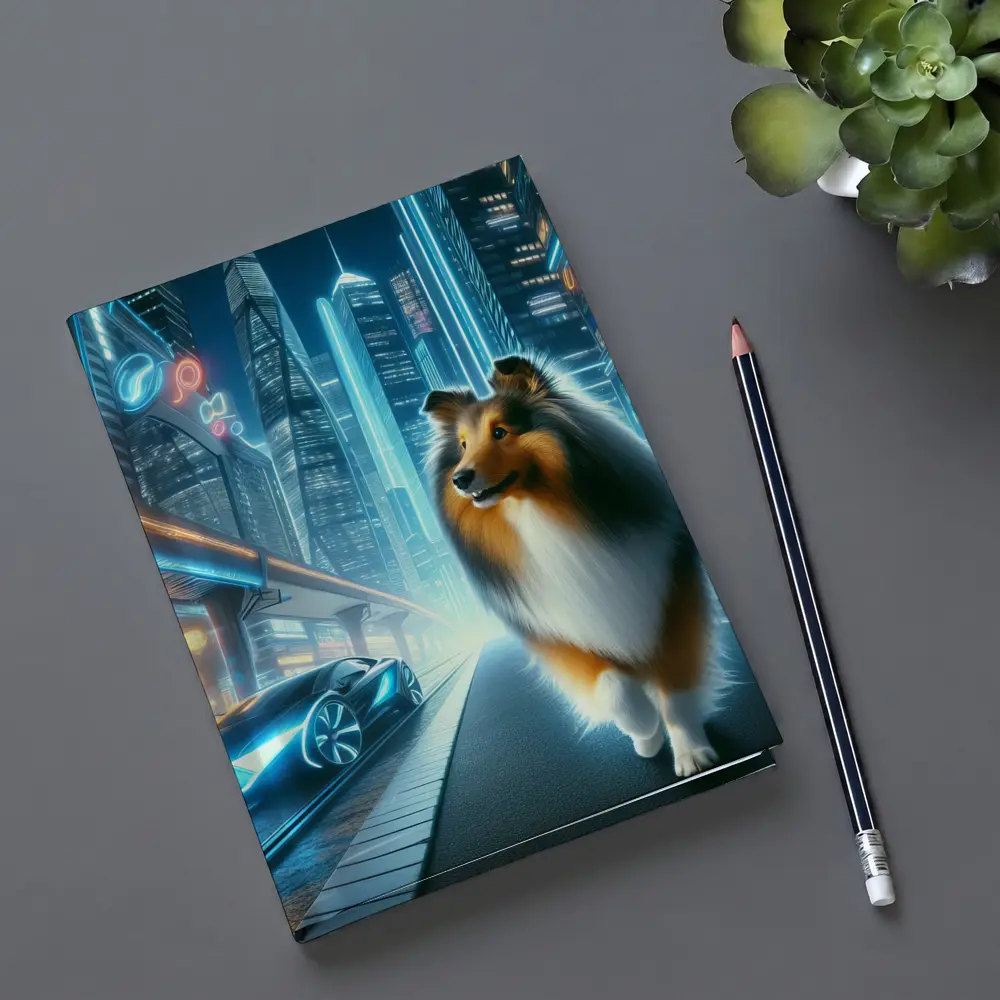 Shetland Sheepdog Walking Neon Futuristic City Night – Notebooks