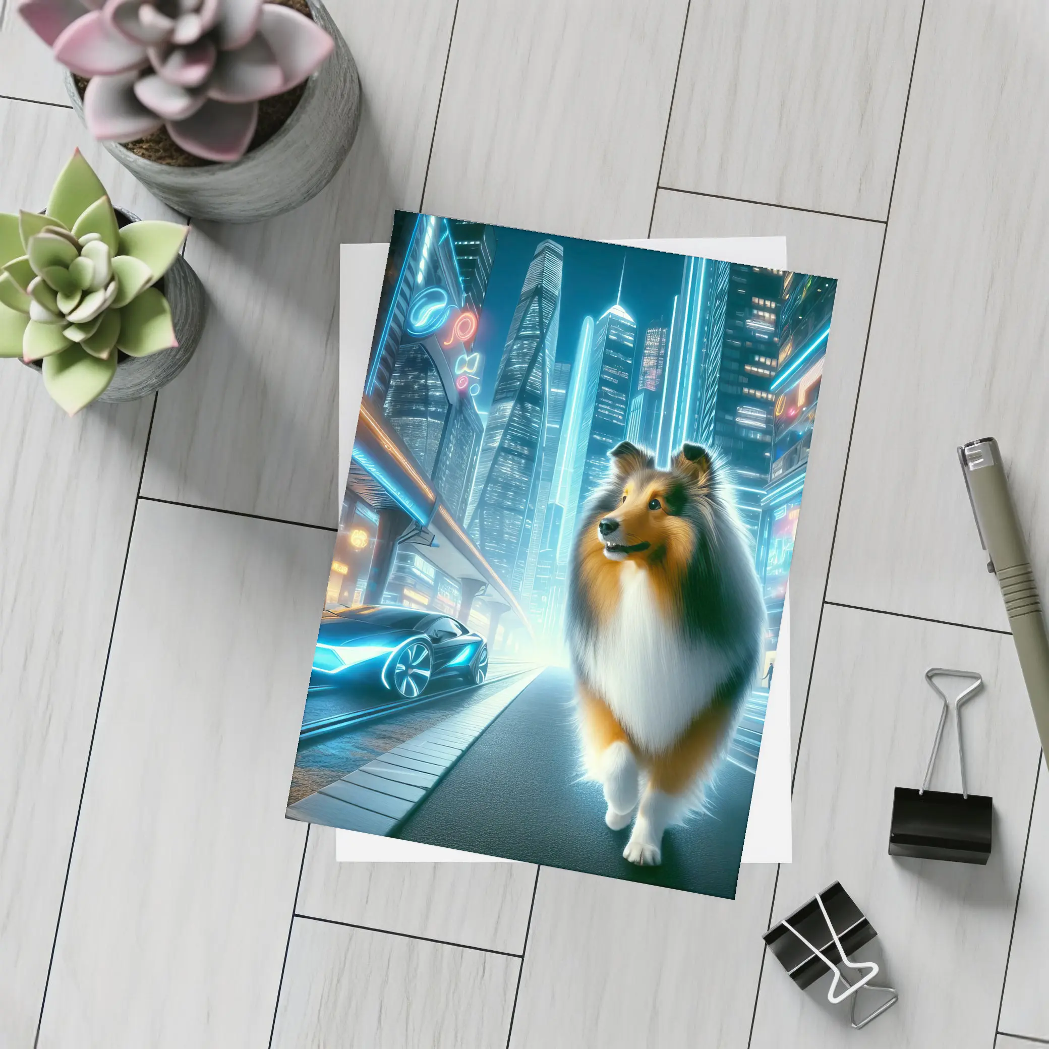 Shetland Sheepdog Walking Neon Futuristic City Night – Postcards