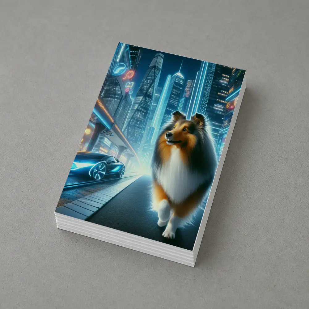 Shetland Sheepdog Walking Neon Futuristic City Night – Postcards