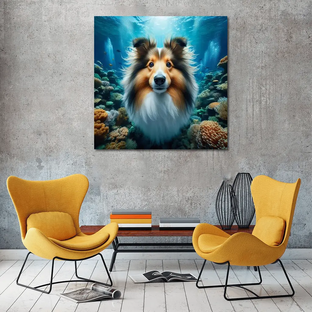 Shetland Sheepdog Underwater Coral Reef Scene – Wall Art