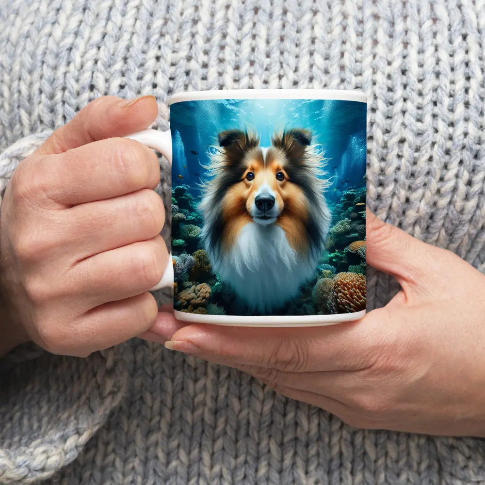 Shetland Sheepdog Underwater Coral Reef Scene – Mugs