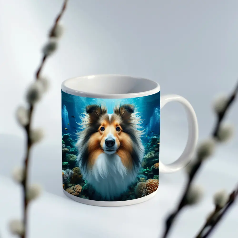 Shetland Sheepdog Underwater Coral Reef Scene – Mugs