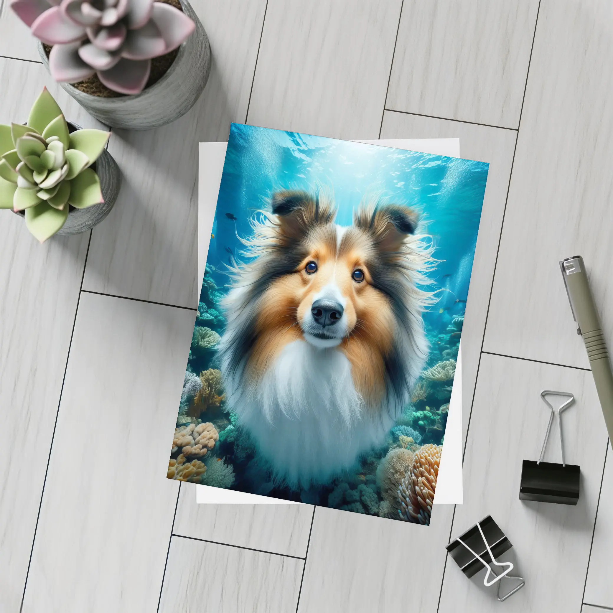 Shetland Sheepdog Underwater Coral Reef Scene – Postcards