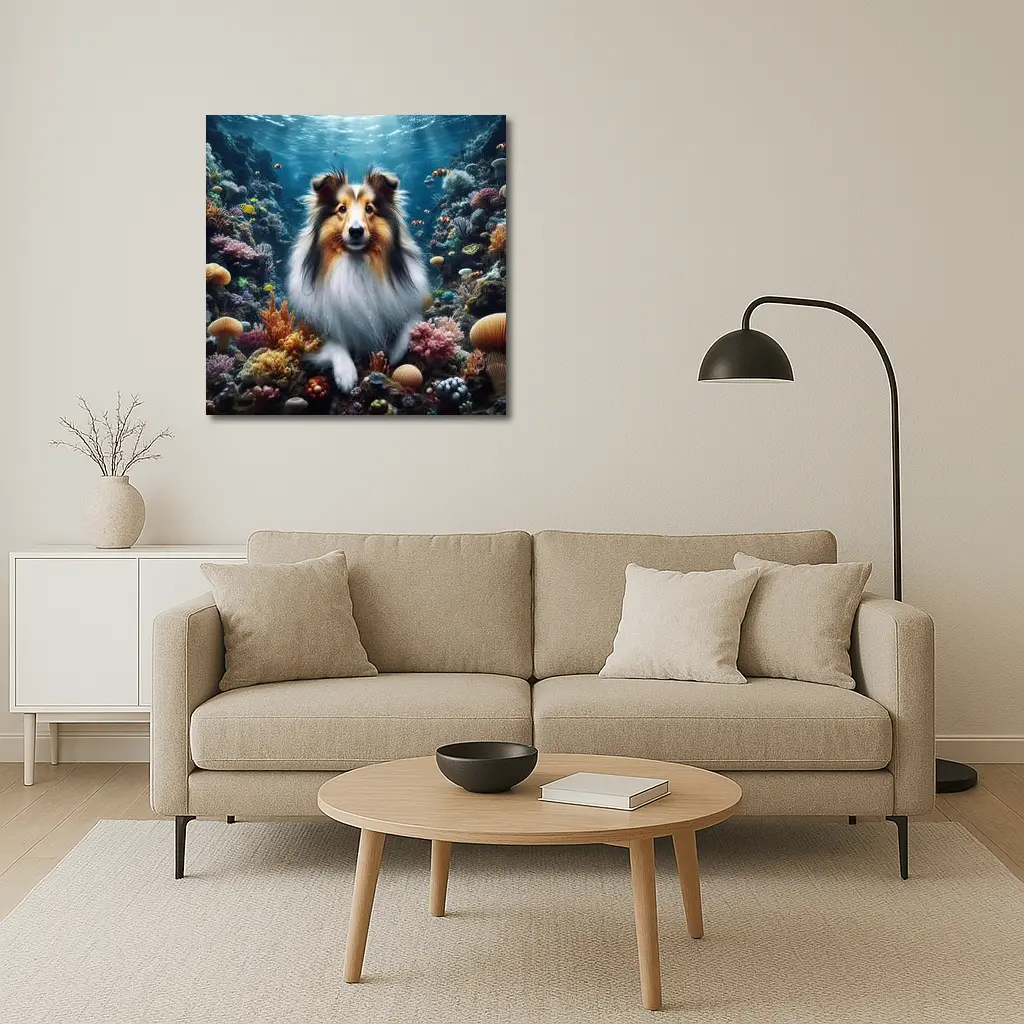 Rough Collie Dog Underwater Coral Reef Scene – Wall Art