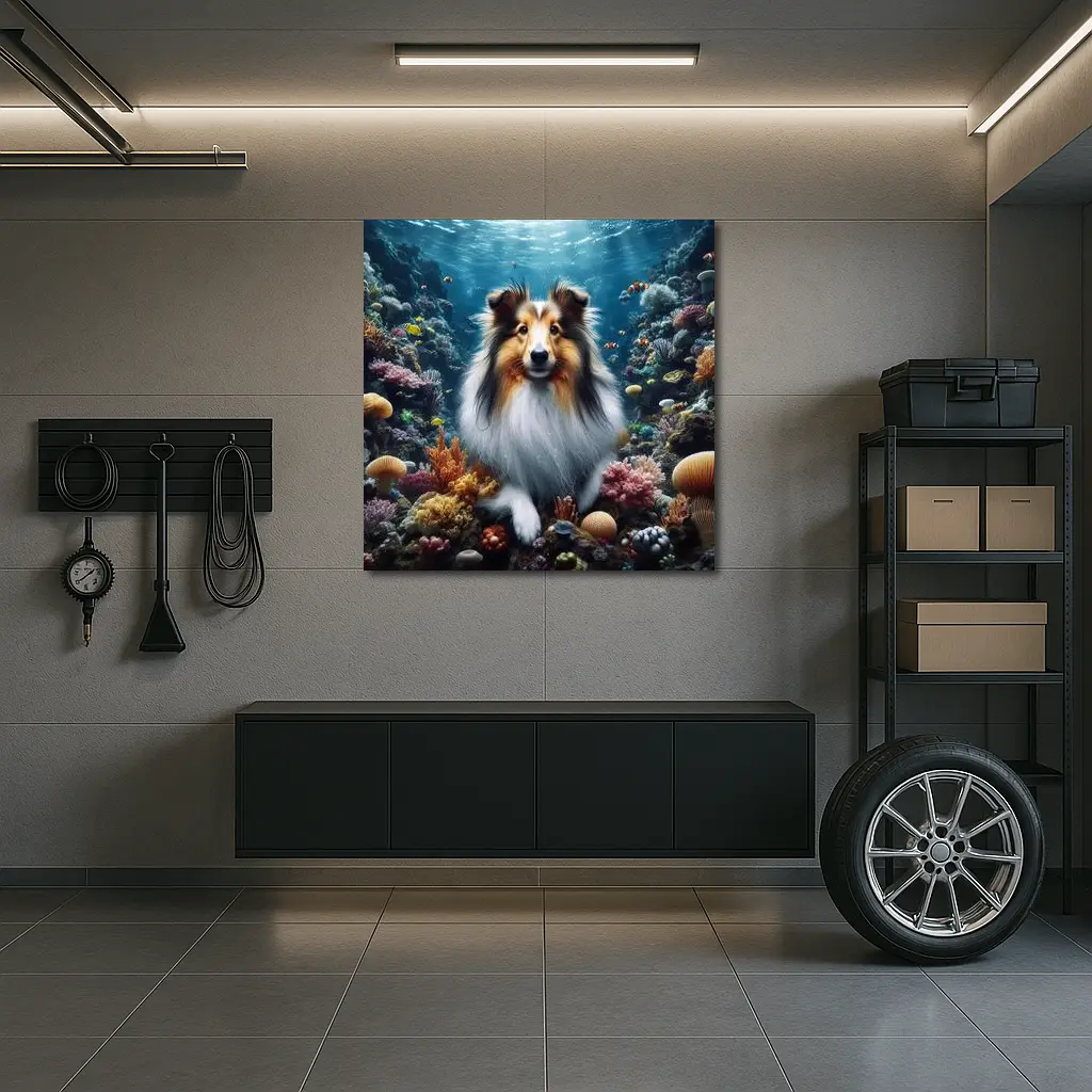 Rough Collie Dog Underwater Coral Reef Scene – Wall Art