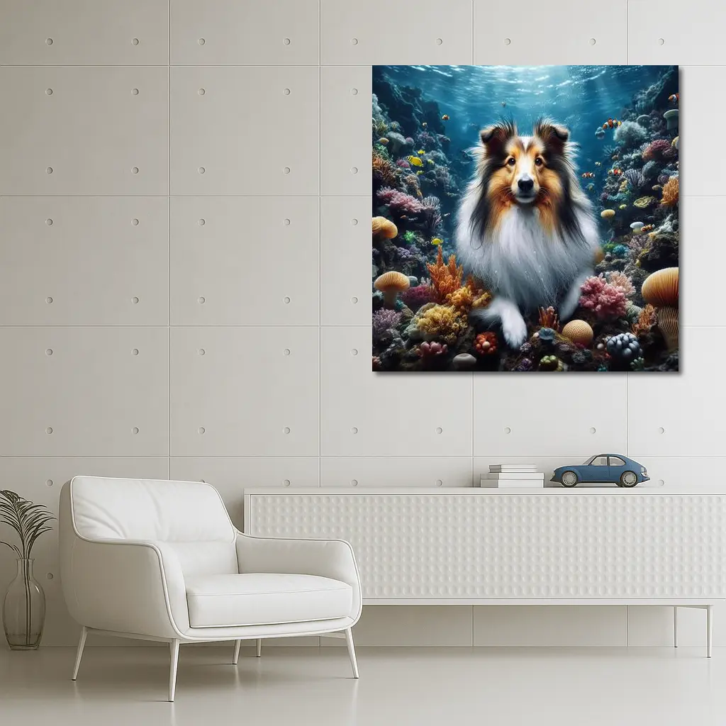 Rough Collie Dog Underwater Coral Reef Scene – Wall Art