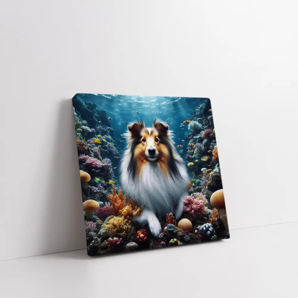 Rough Collie Dog Underwater Coral Reef Scene – Wall Art