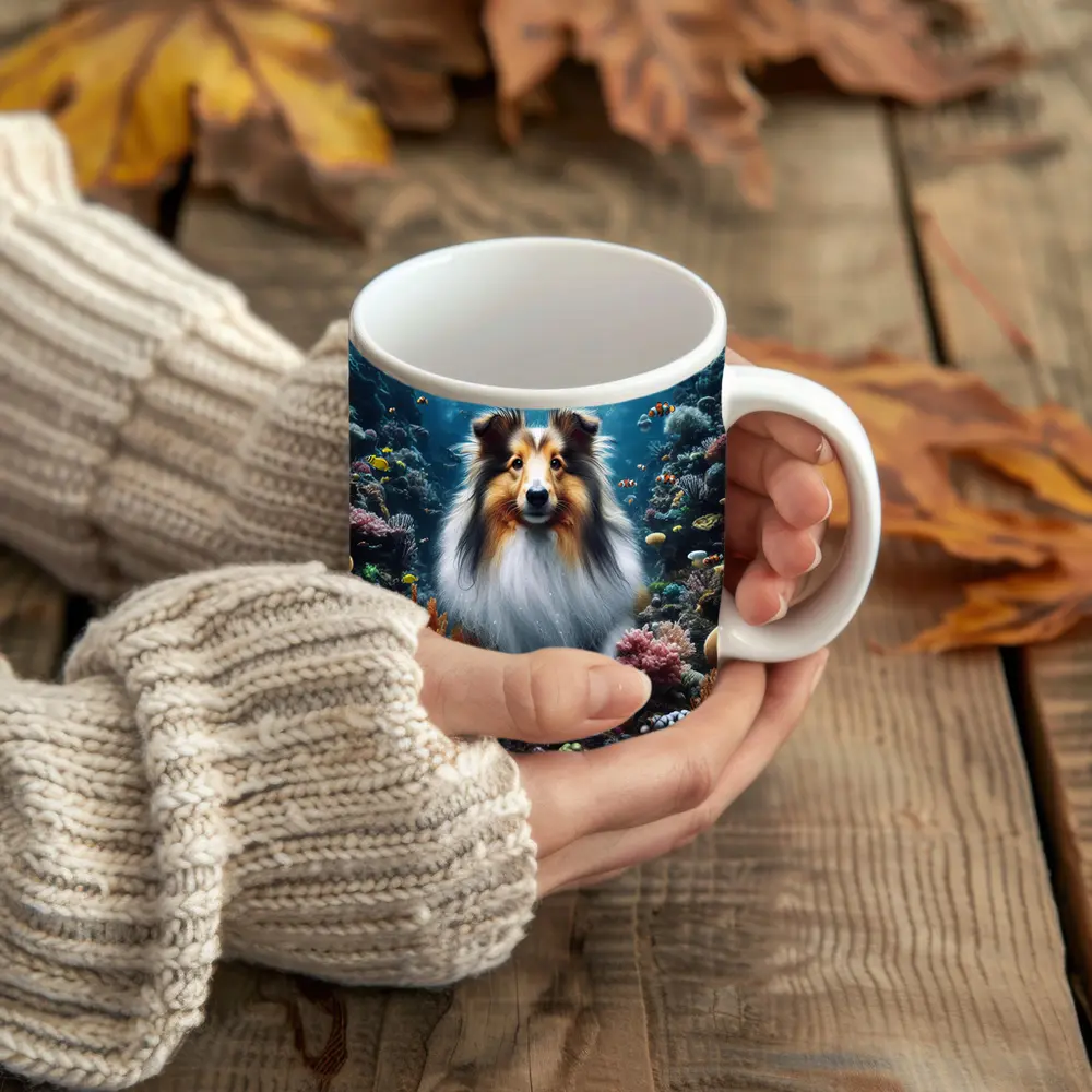 Rough Collie Dog Underwater Coral Reef Scene – Mugs