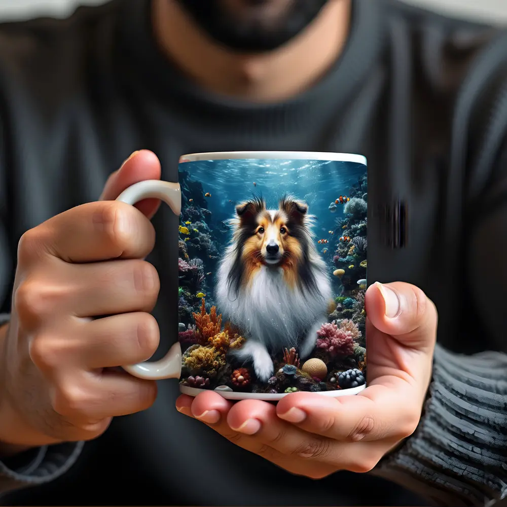 Rough Collie Dog Underwater Coral Reef Scene – Mugs