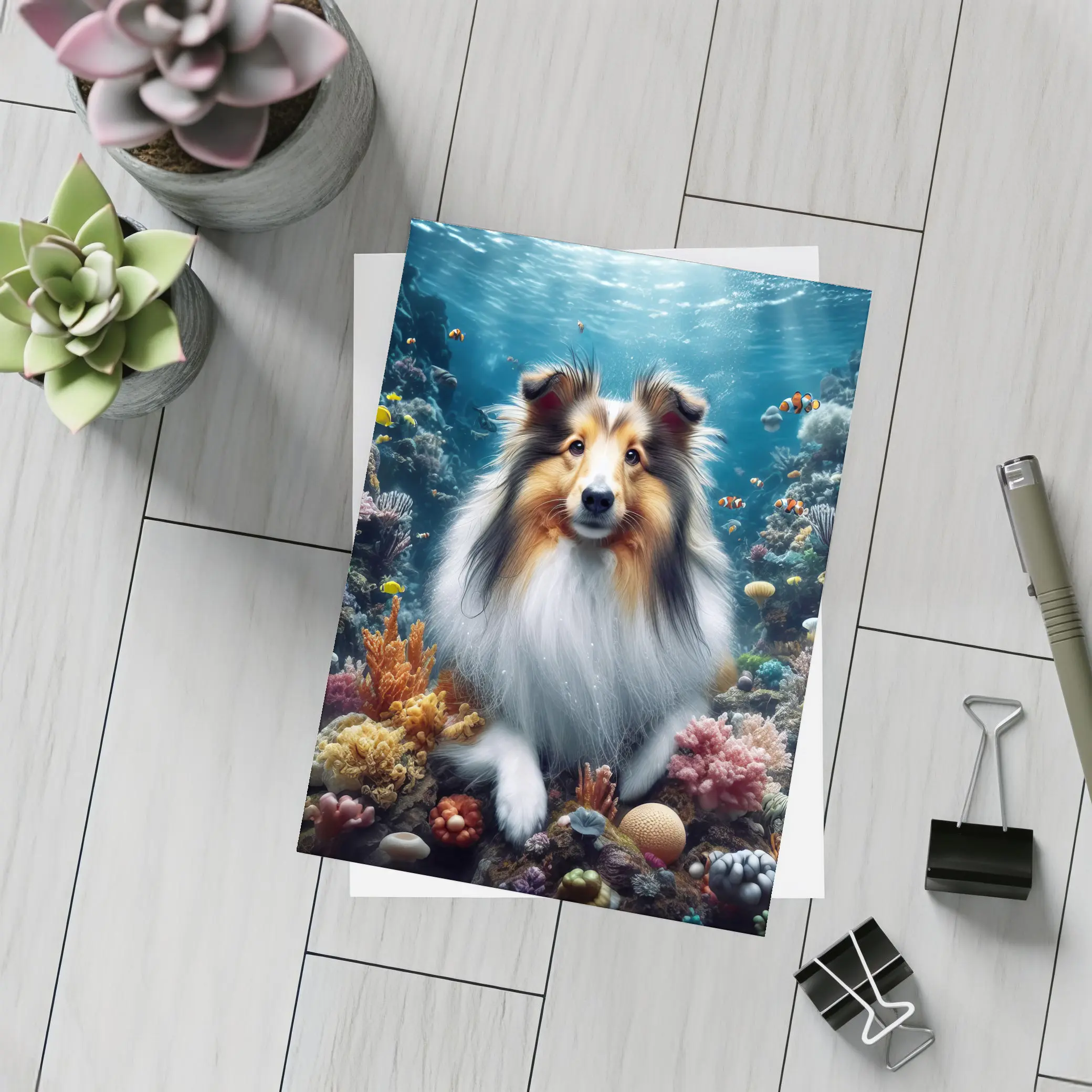 Rough Collie Dog Underwater Coral Reef Scene – Postcards