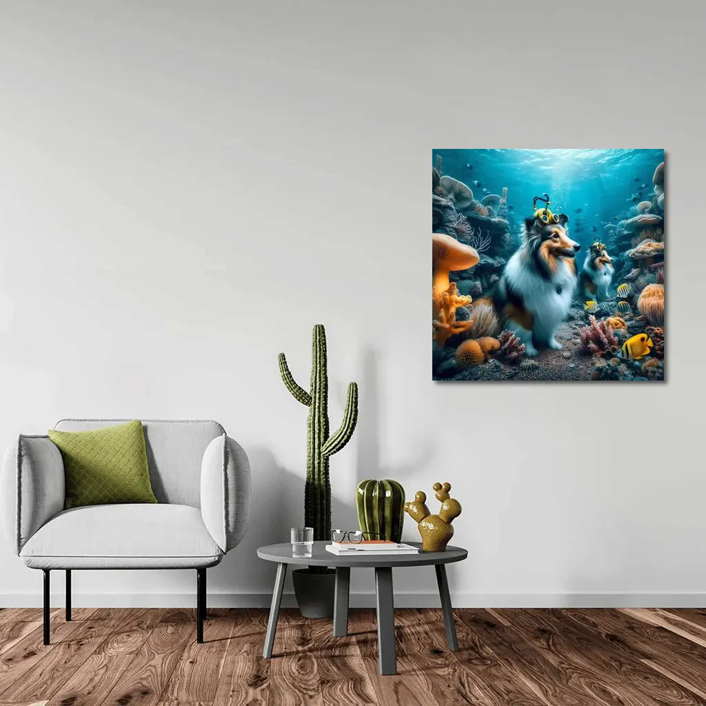 Shetland Sheepdog Diving Underwater Coral Reef – Wall Art