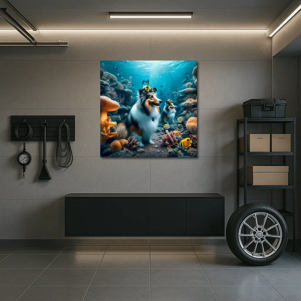 Shetland Sheepdog Diving Underwater Coral Reef – Wall Art