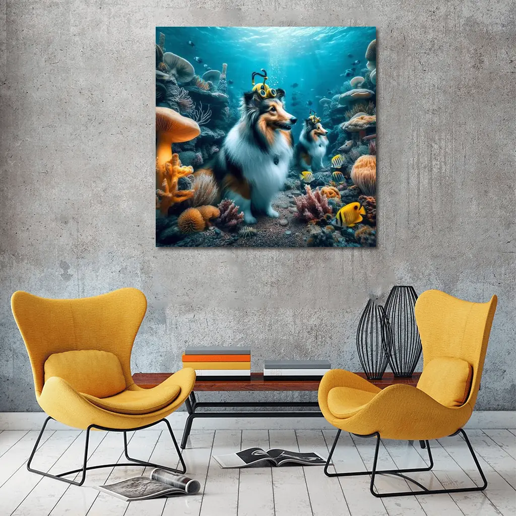 Shetland Sheepdog Diving Underwater Coral Reef – Wall Art